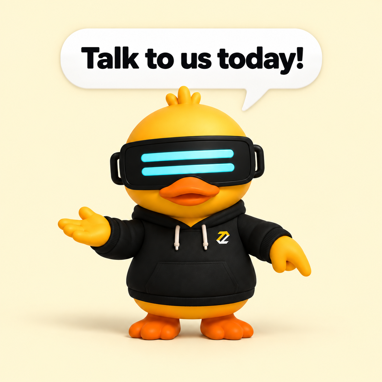Zetpy Roboduck says Talk to us today, extending an open hand and pointing toward the contact buttons